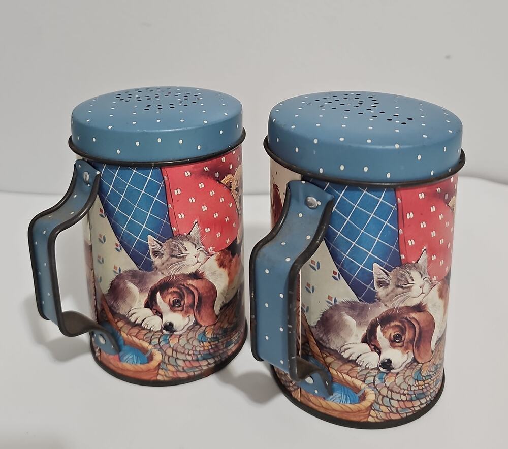 Vintage JSNY Tin Cats & Dogs Handled Salt & Pepper Shakers 4" Tall